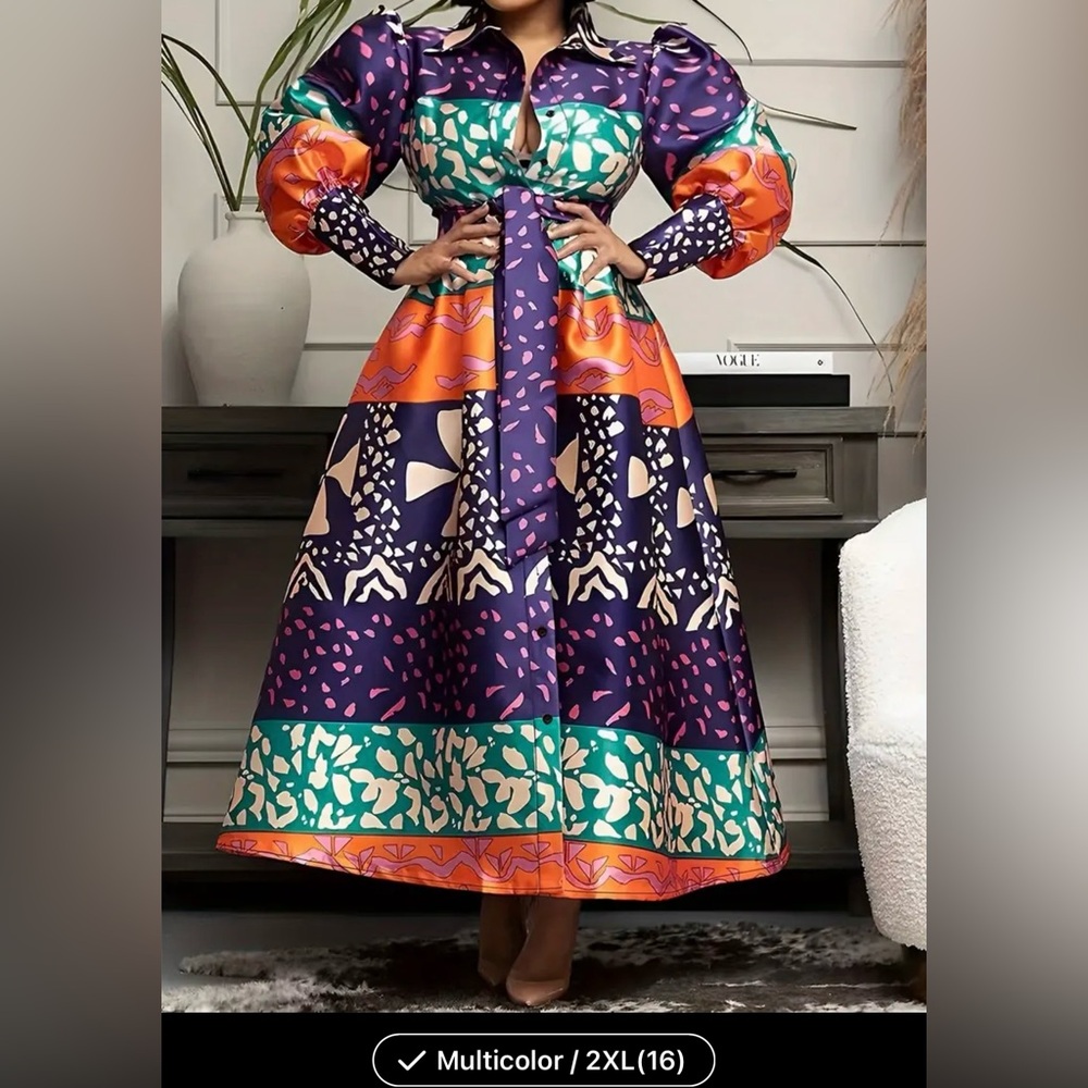 Plus Size Elegant Button Front Belted Dress with Lantern Sleeves - Flattering